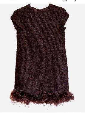 Girls Boucle Feather Hem Dress Brown Holiday Party Tween Size 12 NWT Helena